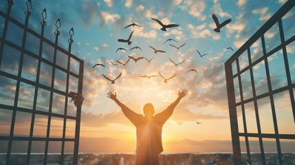 Happy man jumping at top of mountain with sunset sky abstract background. Freedom feel good and summer vacation concept.