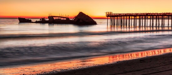 Beautiful golden sunset at Marshall's Beach in San Francisco, California