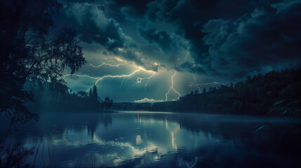 Calm lake at nighttime with majestic thunder lightning strikes piercing through the clouds in an ominous yet beautiful natural scene - obrazy, fototapety, plakaty