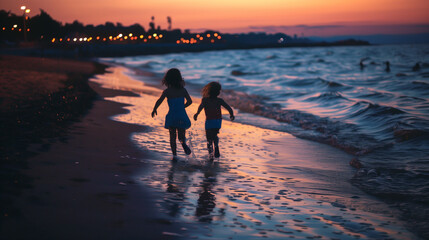 The image depicts two girls hand-in-hand, strolling on the shoreline with the backdrop of a dusky sky and glittering sea