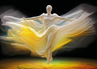 AI generated illustration of a white figure of a female in mid dance with a yellow glow