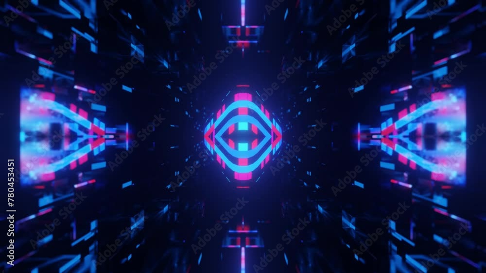 Poster symmetrical 3d object or structure rotates and moves inside glass mirror tunnel with neon light, bri