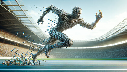A dynamic metallic figure, composed of floating bolts and screws, is captured in mid-stride - obrazy, fototapety, plakaty