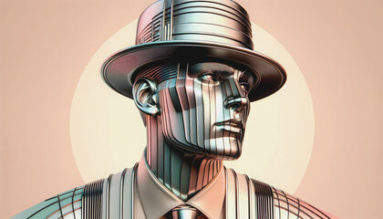 AI generated illustration of a stylized metallic man in a fedora hat with segmented features - obrazy, fototapety, plakaty
