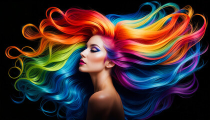 Visual Art of a Woman with Vibrant, Colorful Hair Flowing in the Wind Against a Black Background.