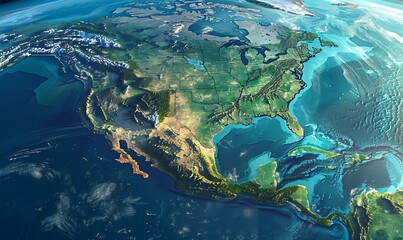 High-res 3D physical map showcasing North America's USA, Canada, and Mexico, including detailed features