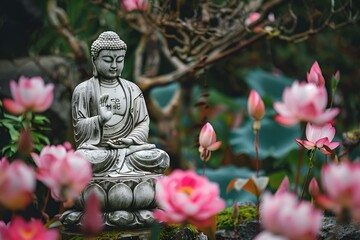 AI generated illustration of a stone Buddha statue surrounded by lotus flowers in a serene garden