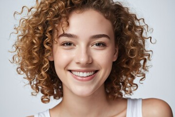 AI generated illustration of a young woman with an open smile and curly hair