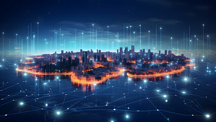 Smart city with gradient grid, dot and line abstract background. Communication network and connection technology concept
