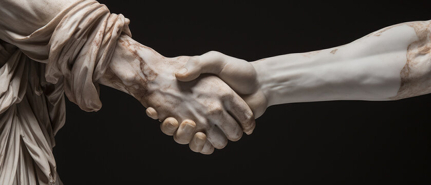 Close-ups of the handshake of Greek statues.