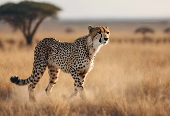 a cheetah walking across a dry grass field with a single tree in the