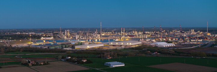 Aerial view of the industrial and port area of Ravenna ,chemical and petrochemical...
