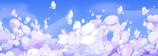 Anime style blue sky with fluffy clouds. Vector cartoon illustration of beautiful cloudscape for adventure game background, magic dream flight, heavenly cloudy backdrop, summer skies, fresh air