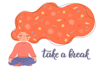 Take a break. Happy girl meditating in lotus pose with loose ginger hair full of flowers. Hand drawn cute yoga, mindfulness, relax concept.