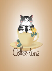 Vector card with grey smart cat, sitting in the cup. Lettering - Coffee time.