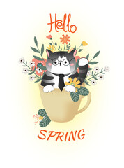 Hello spring. Spring flowers, grey cat, leaves in cup on white background. Banner, postcard, poster, vector illustration.
