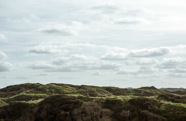 View of a green meadow with small mounds against the background of the cloudy sky. The Netherlands.