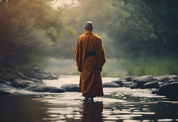 AI generated illustration of a monk strolling in a river with sunlight filtering through trees - obrazy, fototapety, plakaty
