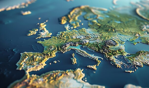 High-res physical map showcasing Western Europe's terrain. Detailed satellite view of Earth's geography and topography in 3D