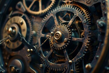 AI generated illustration of a close-up of multiple clock gears and cogs