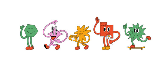 Vector illustration set of cartoon geometric shapes characters ìn retro style. Groovy stickers with different emotions for social media.