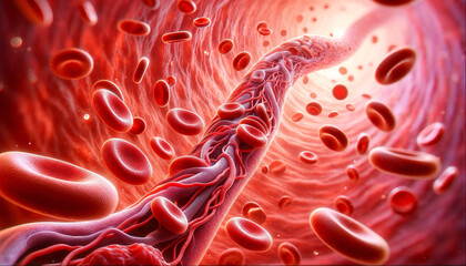 AI generated illustration of a close-up view of red blood cells flowing through a vein