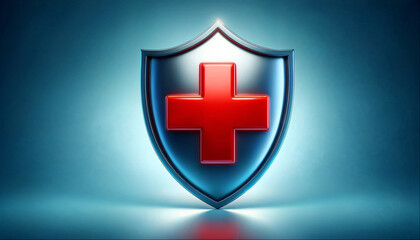 AI generated illustration of a shiny shield with a red cross, symbolizing protection and healthcare