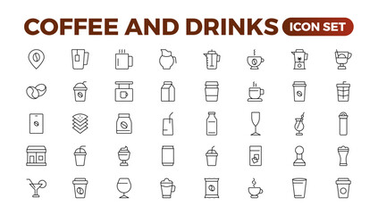 Set of coffee shop Icons. Simple line art style icons pack. Vector illustration.Coffee icons. Beans, hot cocktail and maker machine. Espresso cup, cappuccino with whipped cream Latte vending machine. - obrazy, fototapety, plakaty