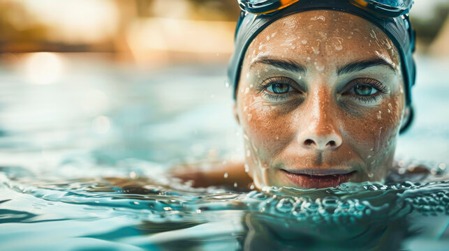 Female swimmer with goggles emerging from water, water droplets on face, focused expression, swimming pool.