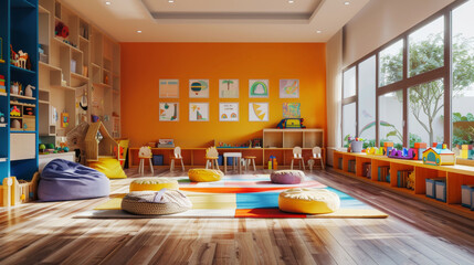 Colorful and Brightly-Lit Children's Playroom with Educational Toys and Artwork