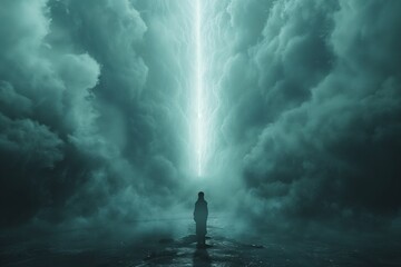 man standing in front of a large body of water under a dark sky with clouds - obrazy, fototapety, plakaty