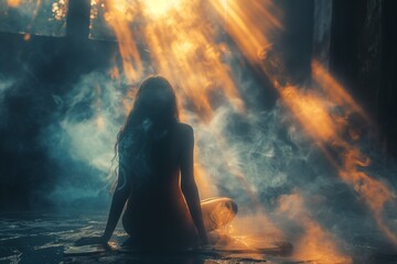 a lady is sitting in water with her hands in her back