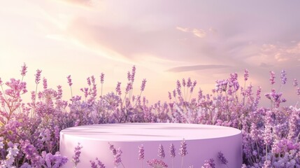 Spring lavender flower display plant background, lavender podium, purple lavender punch point - obrazy, fototapety, plakaty