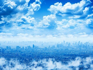 City skyline with skyscrapers rising above a dreamy blanket of clouds against a clear blue sky - 780455610