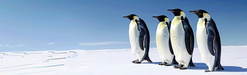 A panoramic banner with penguins walking on the white snow of Antarctica. Copy space.