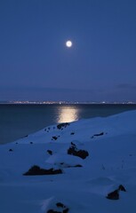 Vertical view from the snow-covered coast of an ocean under the moonlight