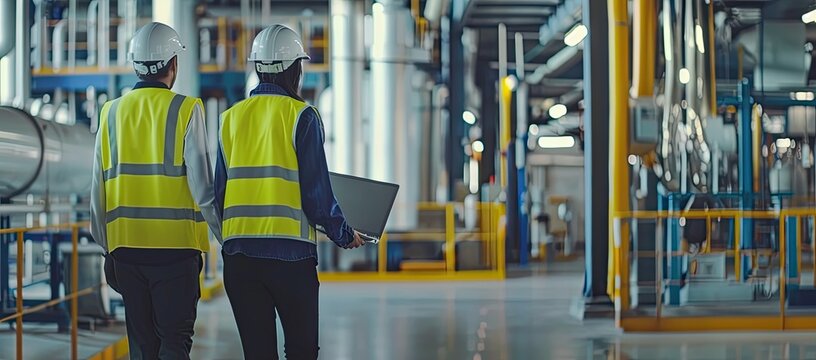 Two engineers in protective helmets and yellow vests walk through the production room.