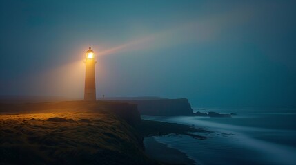 An ethereal dusk sets upon Tranquil Bay, where a solitary lighthouse stands vigil. - obrazy, fototapety, plakaty