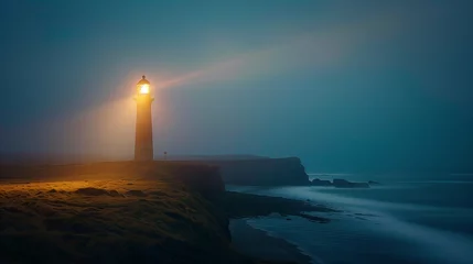 Foto op Plexiglas An ethereal dusk sets upon Tranquil Bay, where a solitary lighthouse stands vigil. © Wirestock