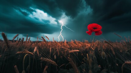 a lone red poppy stands resilient against the darkened sky - obrazy, fototapety, plakaty