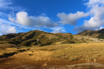 Barren landscape seen from the road, with mountains in the background