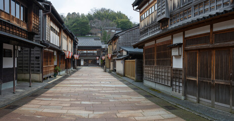 金沢のひがし茶屋街のパノラマ風景