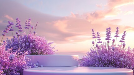 Spring lavender flower display plant background, lavender podium, purple lavender punch point