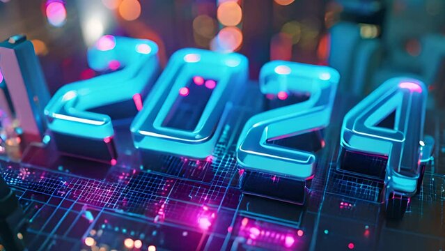 Futuristic digital representation of 2024 on neon-lit circuit board. Technology and innovation.