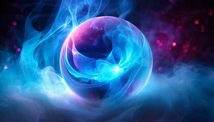 Surreal beauty of neon-lit sphere with smoke on backdrop. Abstract glowing ball with magical energy.