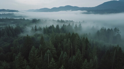 fogy hills in a forest, and trees covered by clouds