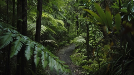 a trail through a tropical green forest with ferns and trees