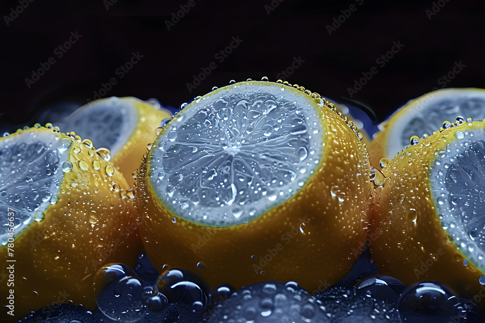 Wall mural a close up of a bunch of lemons with water droplets on the top and bottom of the whole lemon in the 