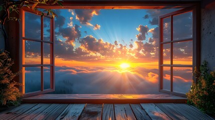 a sunset out an open window of a room with wooden floor
