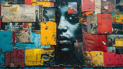 collage art is displayed on a wall in the city